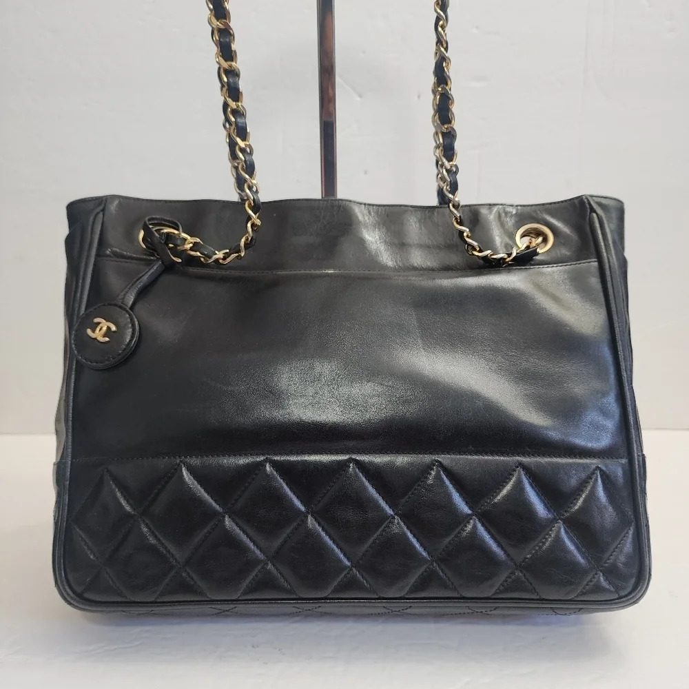 CHANEL Black Quilted Leather Tote with Gold Chain